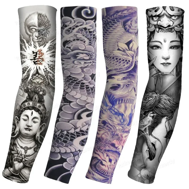 1Pair 2Pcs Men Tattoo Sleeves Anti-UV/Dust Hand Arm Sleeves Motorcycle Riding Bicycle Tattoo Sleeve Cool Dragon Skull Pattern