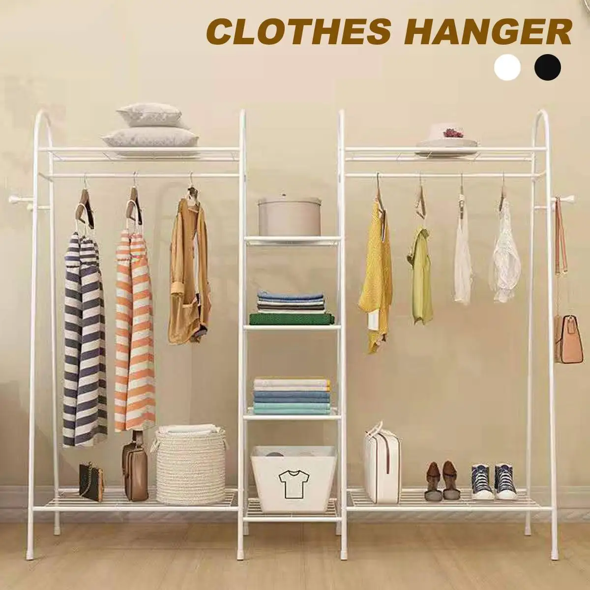 

176cm Standing Coat Rack Dual Rails Storage Wardrobe Clothing Racks Anti-slip Shoes Shelves Coat Hanger Living Room Furniture