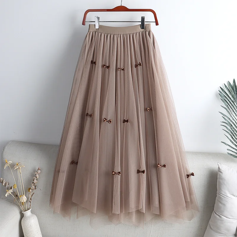 

Женская длинная юбка с бантом, плиссированная двухсторонняя юбка трапециевидной формы из фатина с высокой талией, лето 2023