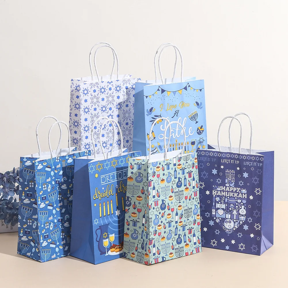 6 Stück Chanukka-Themenparty-Geschenke, Verpackungsbeutel, Kerze, Papier, Süßigkeiten, Einkaufstaschen für Chanukka, Geburtstag, Hochzeit, Party-Dekoration