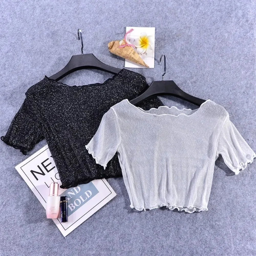 Women Silk Lining Short Base Shirt Half Cut Fresh Mesh Top