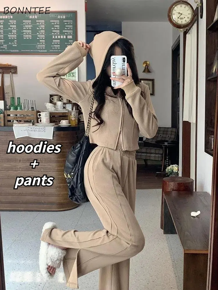 Sets Women Hooded Trendy Solid High Street All-match Casual