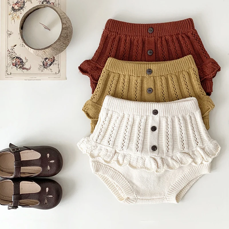 0-4Yrs Knit Baby Shorts Autumn Baby Clothes Toddler Girls Knit Shorts Ruffle Bloomers Infant Ruffle Children Clothing