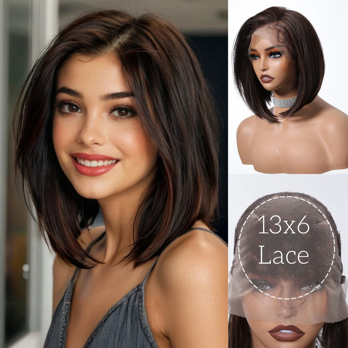 Short Brown 13*6 HD Lace Front Wig With Baby Hair Highlight Brown Golden Straight Bob Lace Front Synthetic Wig For Women Daily