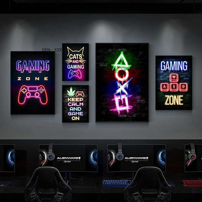 Gaming Posters Wall Decorations  Poster Gamer Neon Button Symbol - Canvas  Art Print - Aliexpress