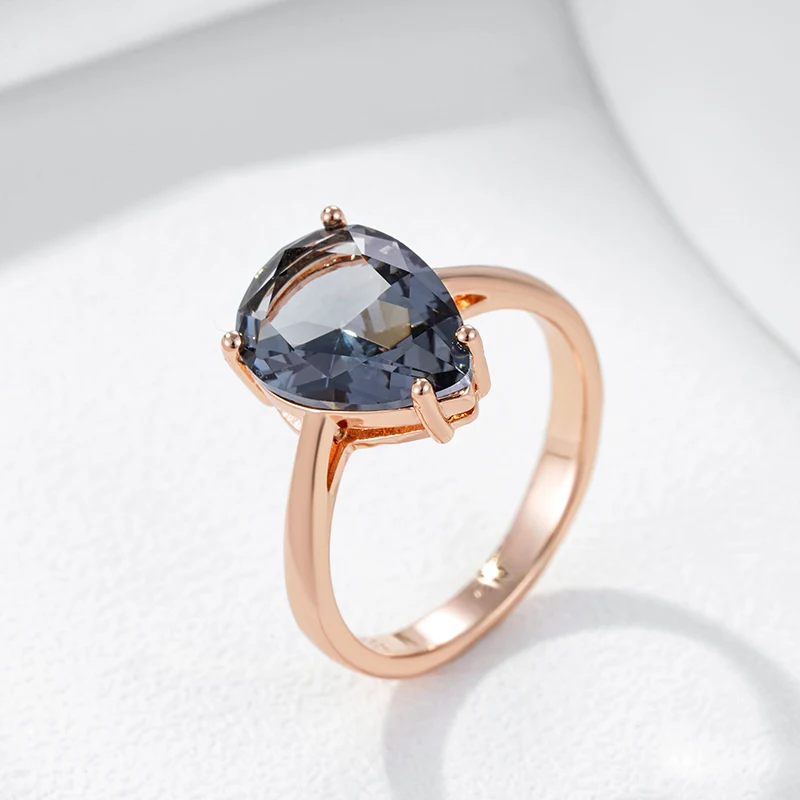 Kinel Simple Water Drop Gray Crystal Women Ring 585 Rose Gold Color Natural Zircon Accessories High Quality Daily Fine Jewelry