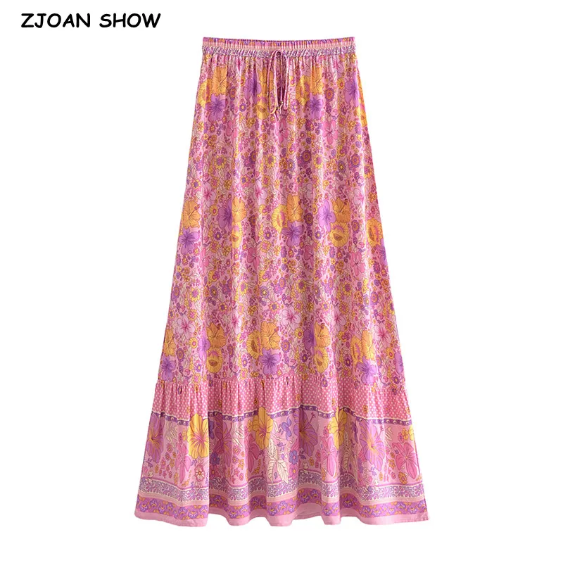 BOHO Pink Contrast Flower Print Maxi Long Skirt Spliced Ruffle Hem Hippie Women Ball Tassel Bow Waist Swing Skirts Holiday
