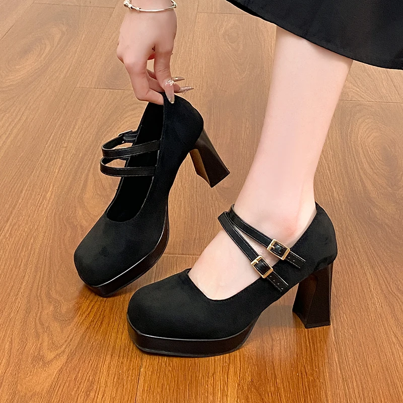 Aphixta Classic Round Toe Women's Mary Janes Shoes 8cm High Heels Platform Woman Shoes Metal Buckle Cow Suede Upper Shoes