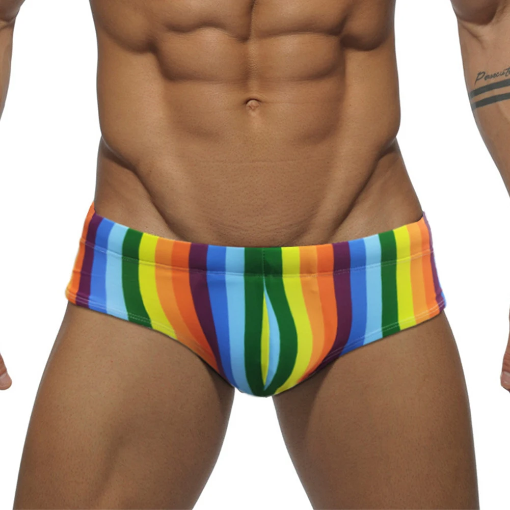 Sexy Underwear Fashion Swimwear Rainbow Stripes Gay Male Jockstrap Bikini Slip Men's Tanga String Thong Fitness Casual Briefs
