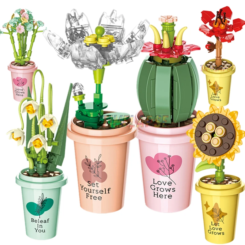 

DIY MOC Potted Plants Vase Cup Succulents Cactus Gypsophila Mountain Lotus Decorate Building Blocks Model Bricks Sets Kits Toys