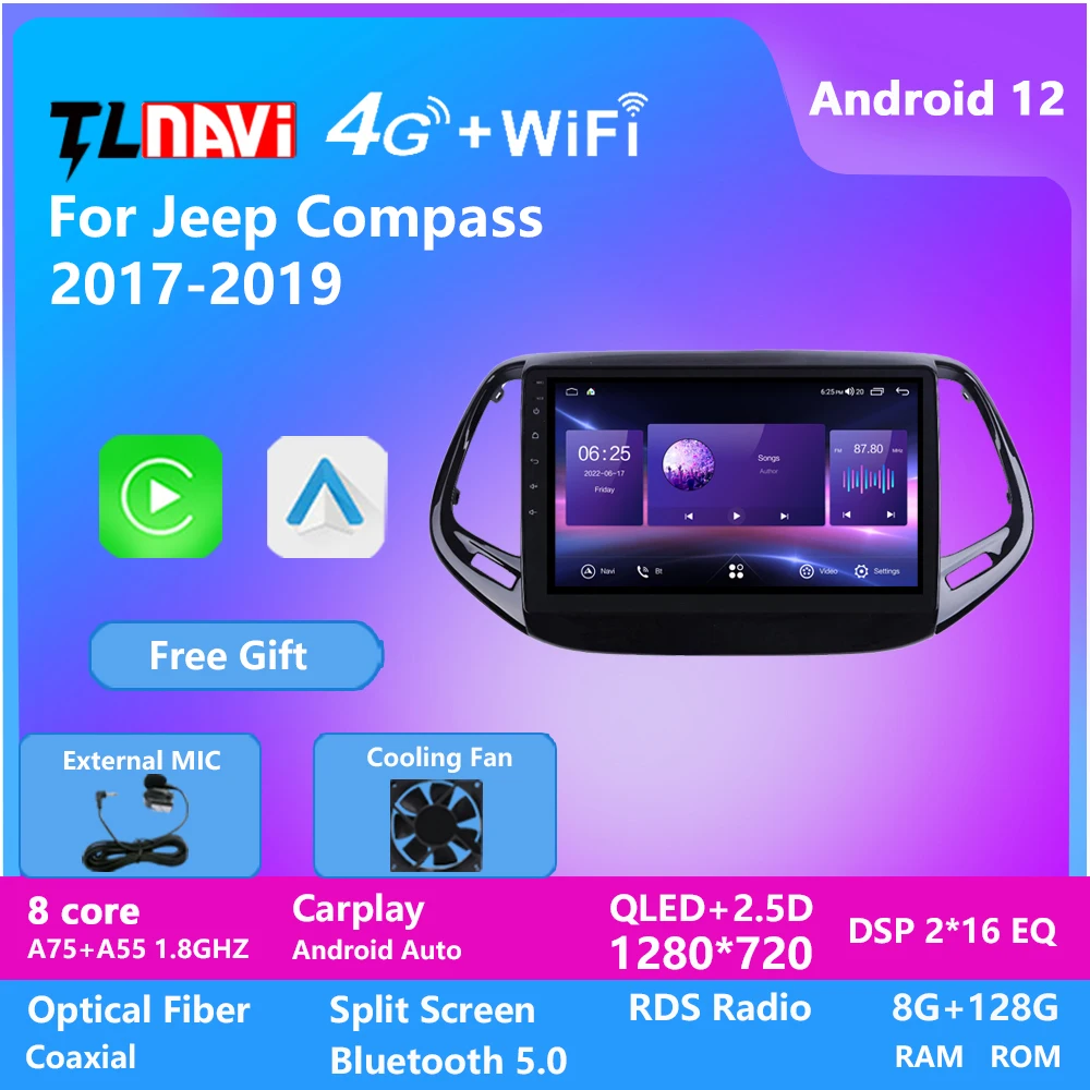 For Jeep Compass 2017 2018 2019 Android 12 Car Multimedia Player Gps Navigation Auto Stereo
