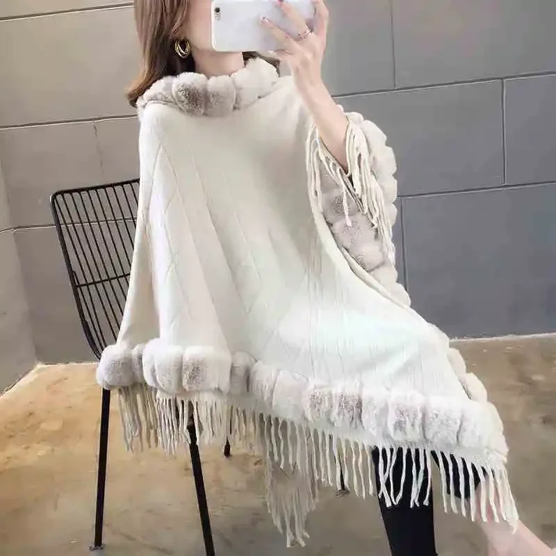 

Tassel Knitted Poncho Women Autumn Solid Color Pullover Fashion Bat Cape Femme Shawl Fur Coat Mid-length Sweater E158