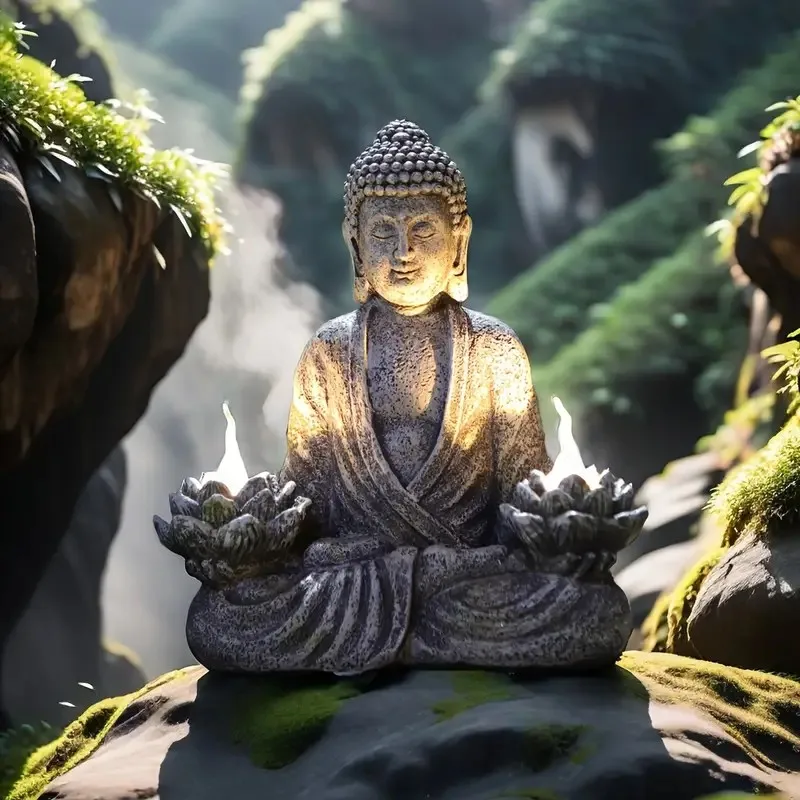 1pc Lotus Buddha Statues with LED Lights, Solar-Power Buddha Sculpture Decor for Home Garden, Yard, Patio, Yoga. 1