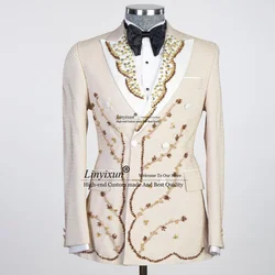 Elegant Jewelry Ornament Tuxedo Men Suits Groom Luxury Metallic Embroidered Wedding Dresswear 2 Pieces Sets Male Prom Blazers