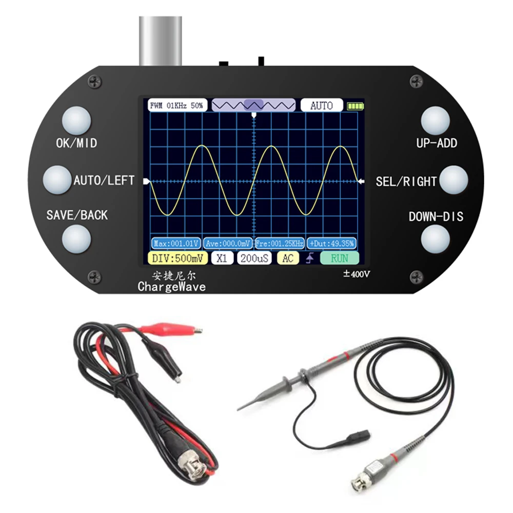 Digital Oscilloscope Handheld Mini 500KHz Bandwidth 2.5MSa/s Sine Wave/Square Wave/Half Wave/Zinke Pulse Wave Entry-Level