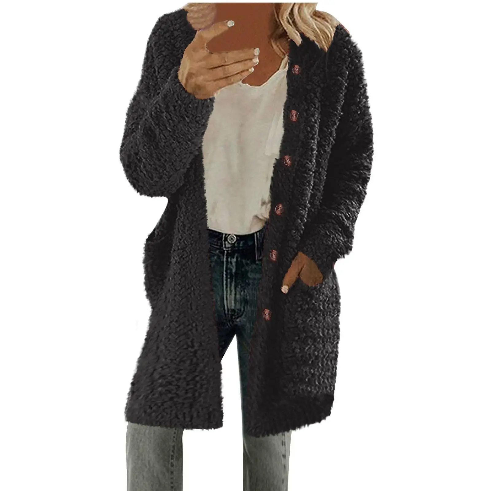 Women Autumn Winter Fleece Long Sleeve Cardigan Coat