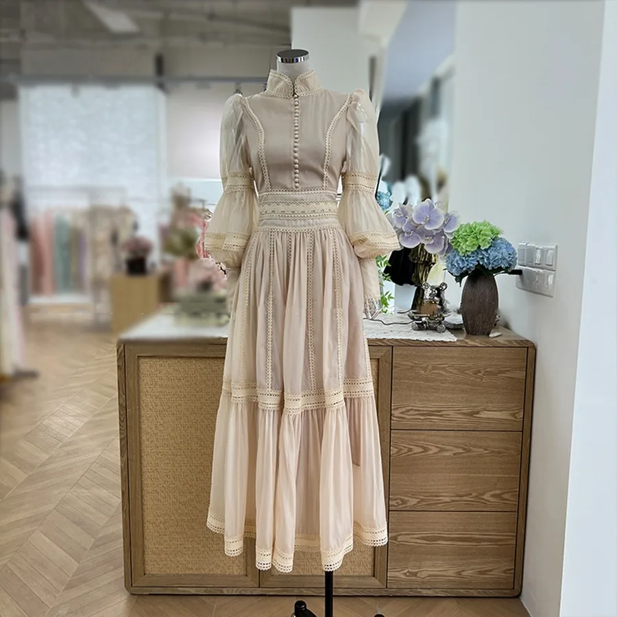 Elegant Long Dress Fairy Style Stand Up Collar Lantern Sleeves Splicing Waist Fashion Dresses Women 2025 Spring Autumn 1351