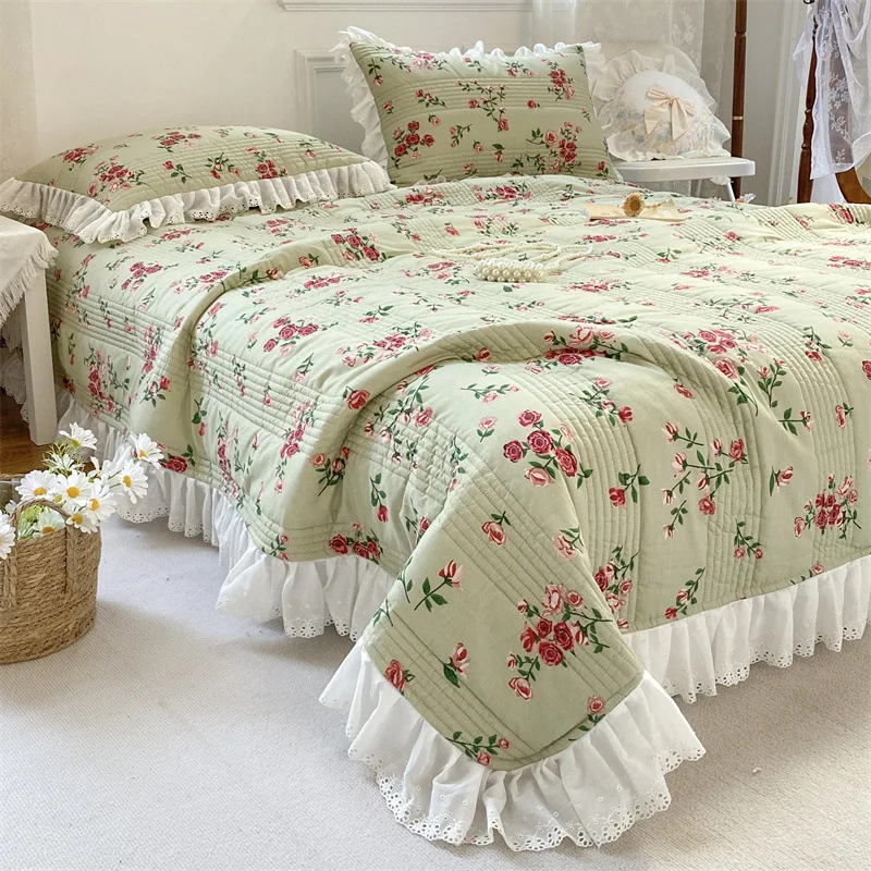 thumbnail image 1 of Colcha de algodón con flores en la cama, funda de cama francesa a cuadros, colchón, juego de colcha de lino, colchas, sábanas dobles, 1 of 5