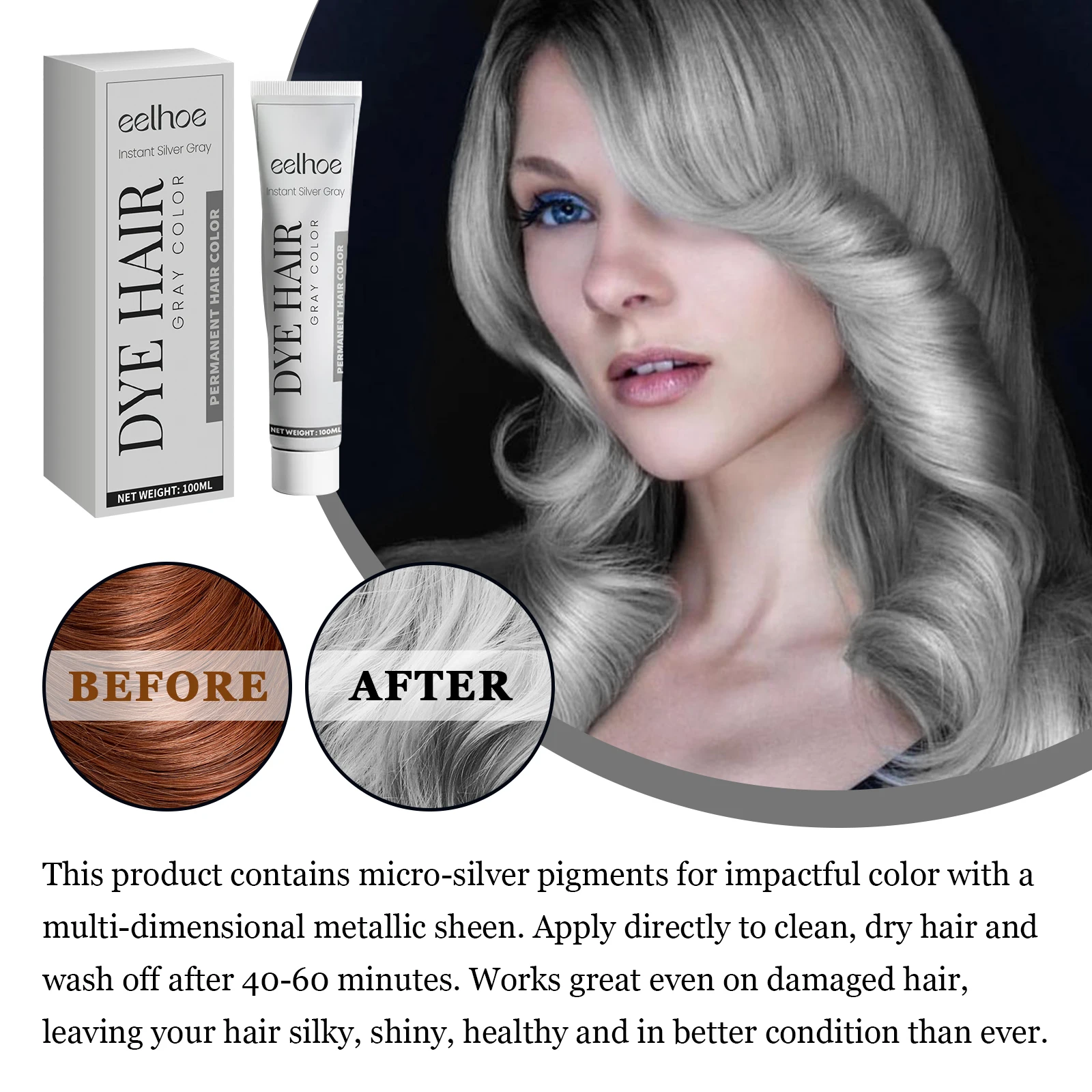 EELHOE Gray Hair Cream 2-piece Natural Hair Color Long lasting, no damage, Easy coloring, easy cleaning, Damp cream