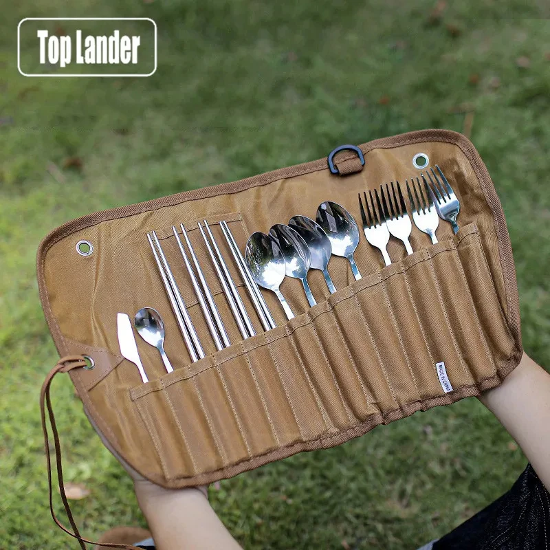 야외 식기 캔버스 보관 가방 세트, 스테인레스 스틸 스푼 젓가락 포크, 캠핑 여행 피크닉용, 3, 4 인용