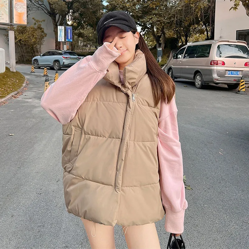 Winter Cotton-padded Vest Women Warm Coat Stand-up Collar Zipper Sleeveless Jacket Overcoat Loose Drawstring Waistcoat Vest Coat