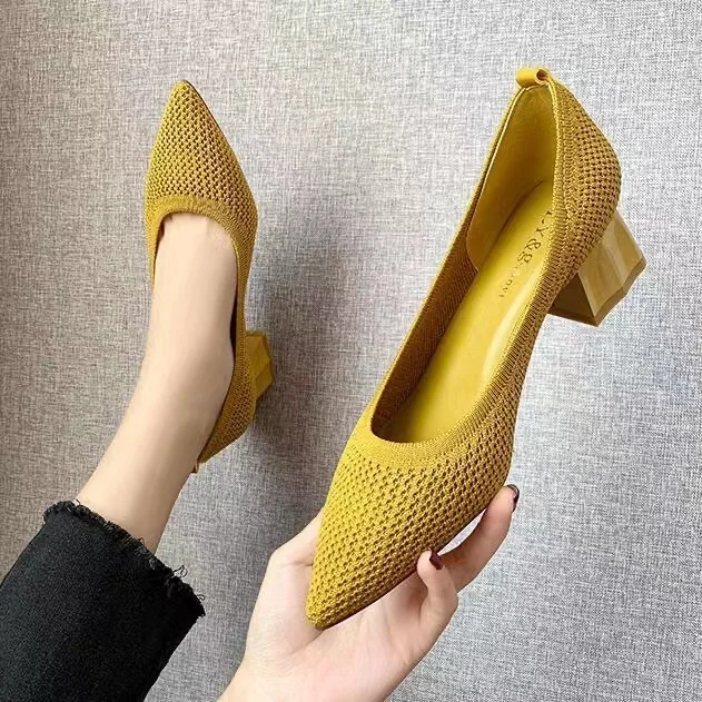 Chunky Heel Stretch Knitted Pumps Shoes Women's Shallow Flats High Heels Dress Shoes Pointed Toe  Mesh Breathable Cozy Shoes 