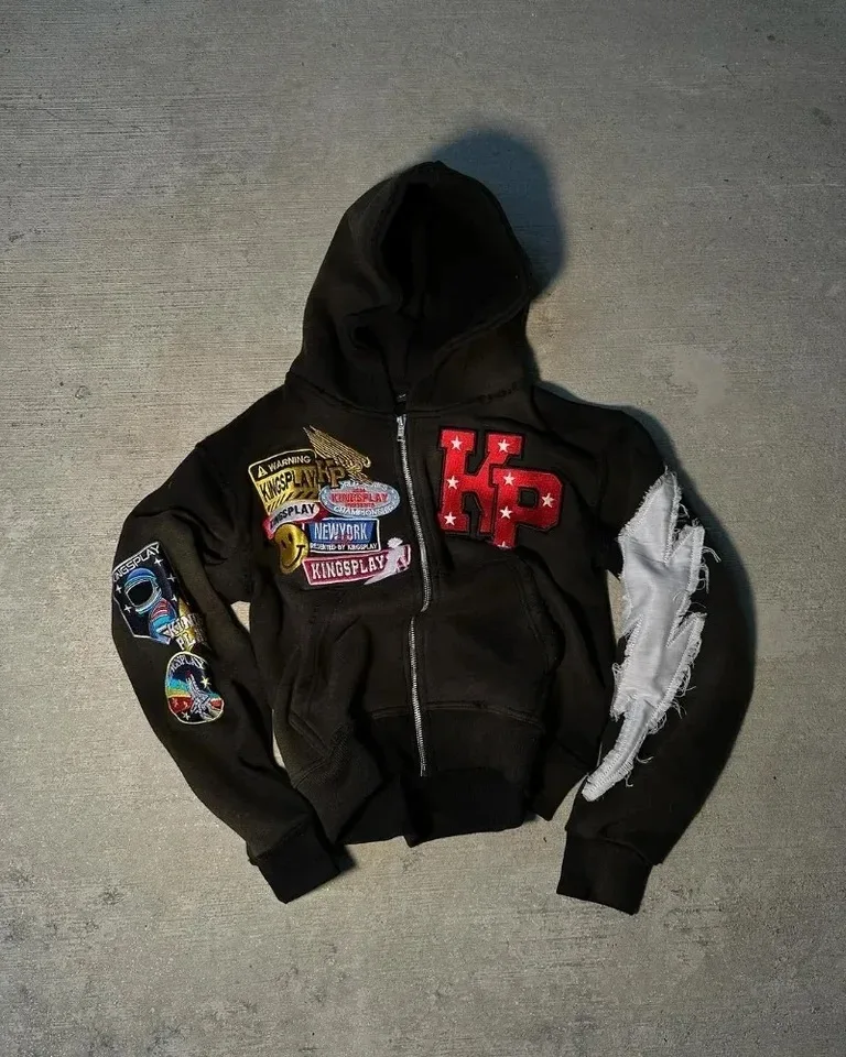 thumbnail image 1 of Sudadera con capucha Y2k para hombre, ropa de calle Retro Punk, con cremallera, estilo americano, Harajuku, Hip hop, letras bordadas, de gran tamaño, 1 of 2