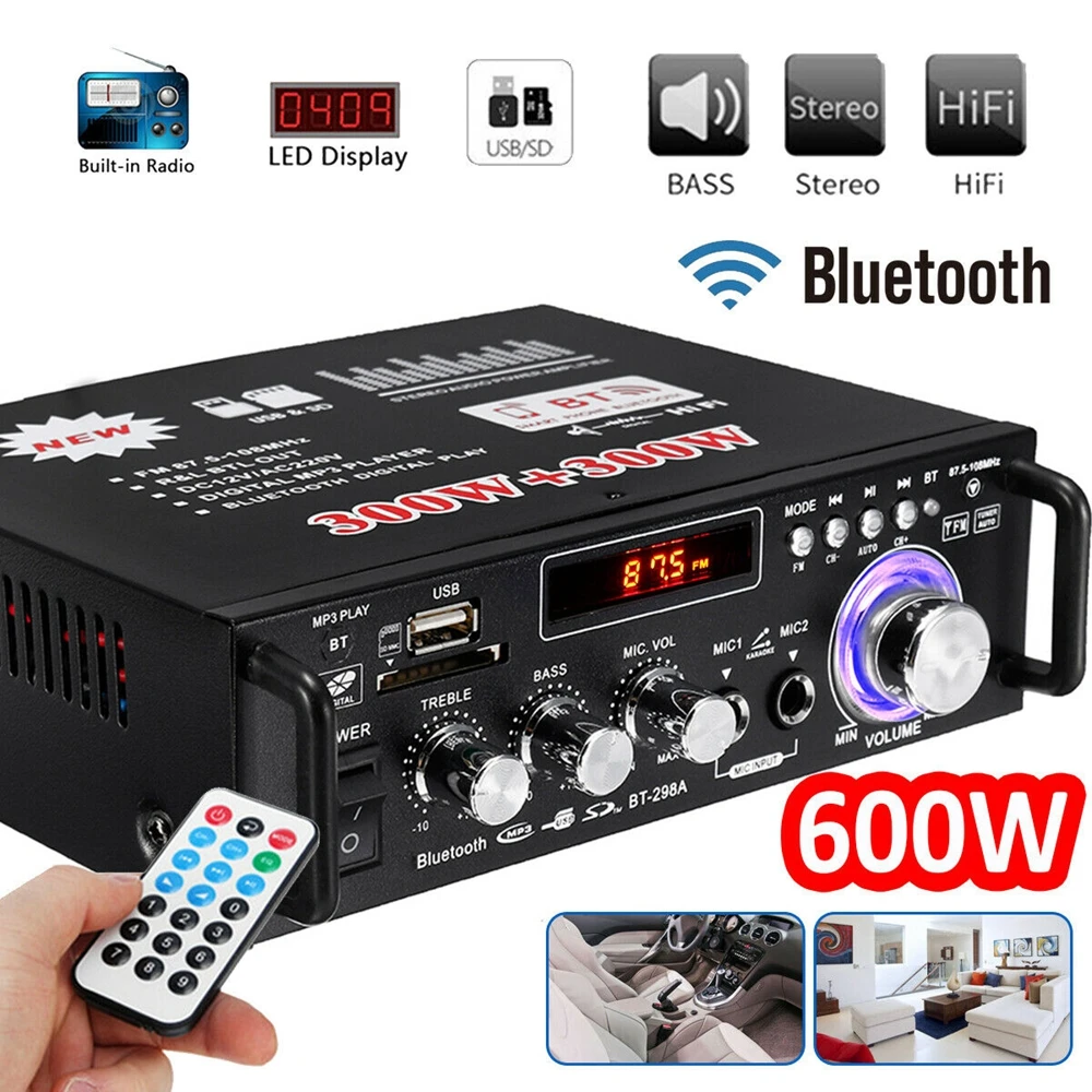 12V-220V Amplificatore Bluetooth 300W 300W 2Ch Hifi Audio Potenza Stereo Amp Usb Fm Radio Home Theater Auto Con Telecomando Eu
