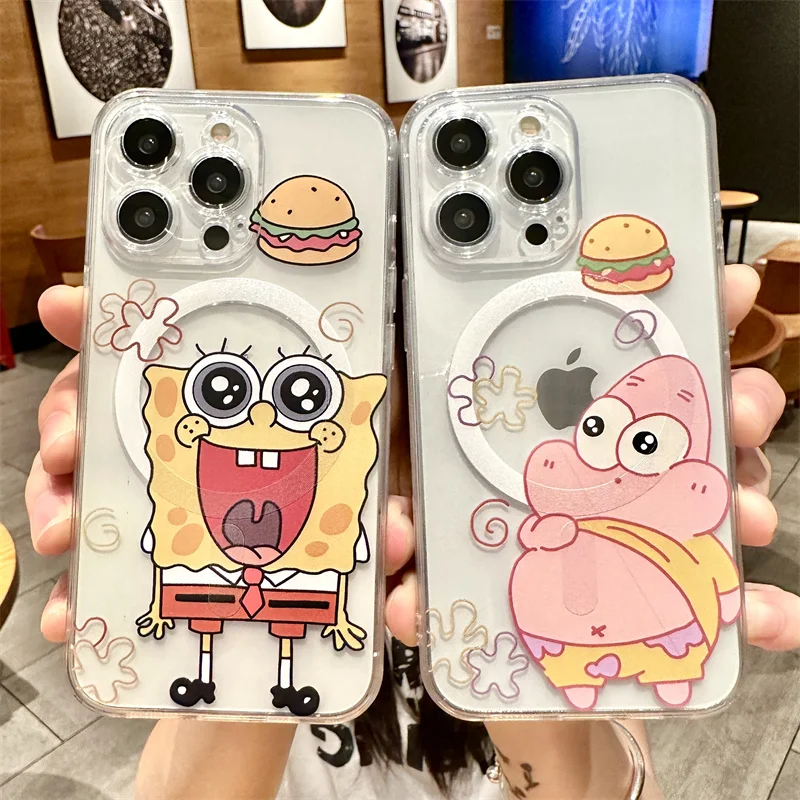 Custodia Spongebobs Cartoon Per Iphone 15 11 12 13 14 Pro Max Mini Xs Xr 8 7 Plus Se 2020 Magsafe Copertura Di Ricarica Wireless Magnetica