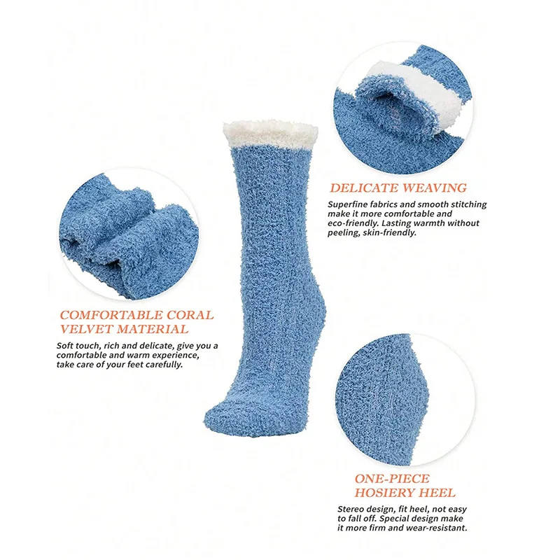 4 Pairs Women Winter Fuzzy Socks Thick Thermal Solid Soft Fluffy Slipper Home Floor Sleeping
