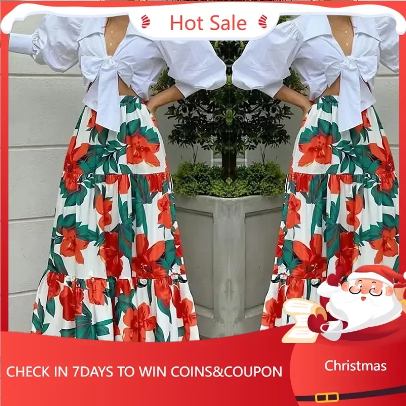 

African Clothes for Women 2 Piece Spring Fashion Long Sleeve V-neck Print Top Long Skirts Matching Sets Dashiki African Clothing