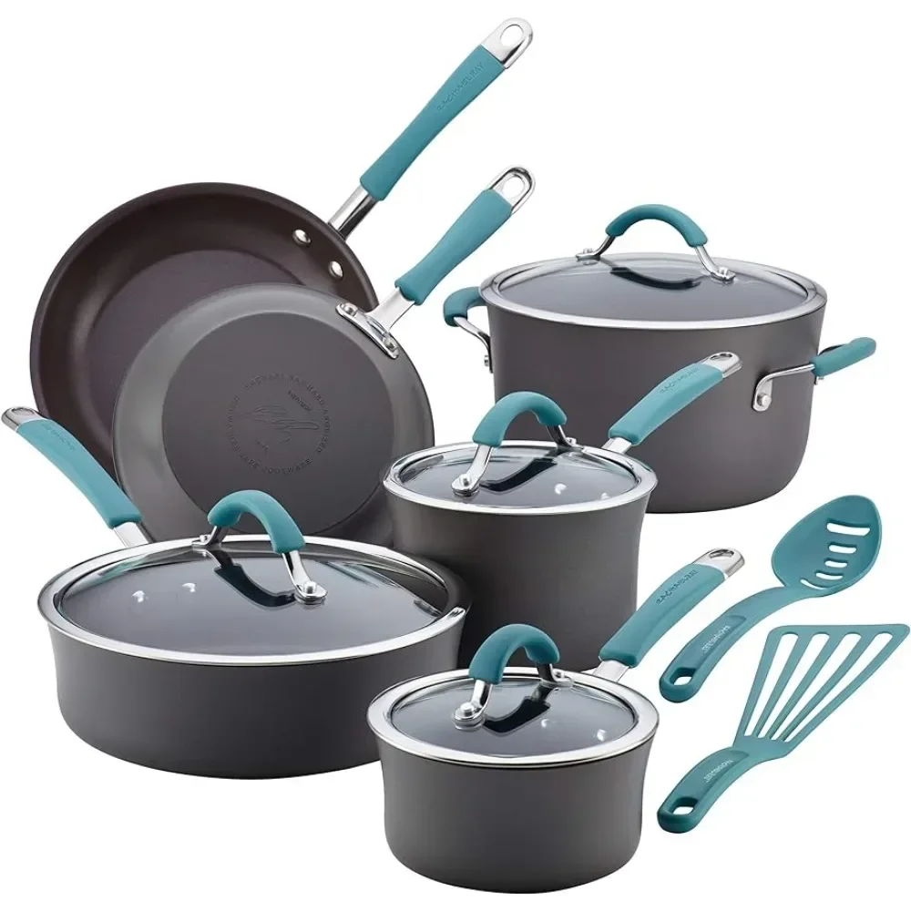 

Rachael Ray Cucina Hard Anodized Nonstick Cookware Pots and Pans Set, 12 Piece, Gray with Blue Handles