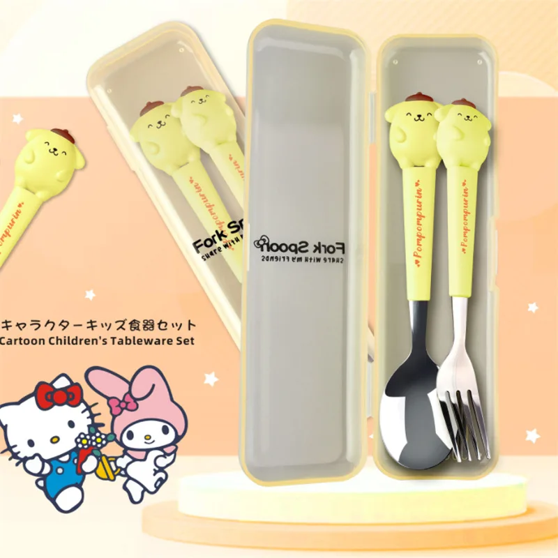 Sanrio-vajilla de Hello Kitty Melody Kuromi con mango de silicona, juego de dos piezas, Cinnamoroll, tenedor, cuchara, regalos para niños