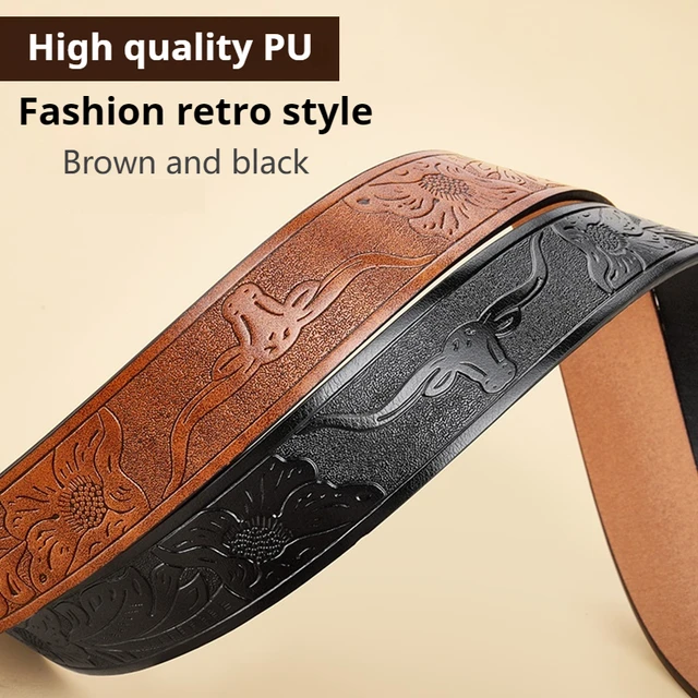 OYIFAN Western Belt Cowboy Leather Belt Men Waist Strap Bull Decoration Floral Engraved for Jeans Cowgirl belt 5