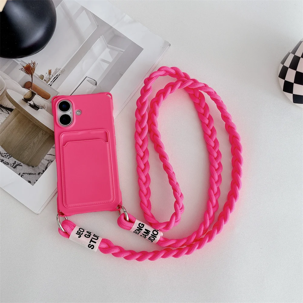 Braided Crossbody Strap Lanyard Phone Case with Wallet Card Holder and Silicone Cover