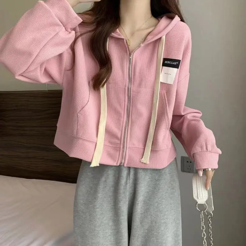 Yasuk Spring Autumn Casual T-Shirts Women's Loose Zipper Cardigan Sporty Solid Simple Versatile Drawstring Hoodie