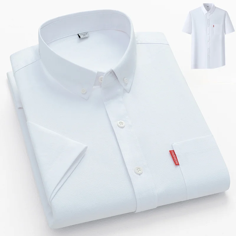 100% Cotton Basic Shirt for Men Short Sleeve Summer Casual Solid Business Oxford Yellow White Regular Fit Social Man Clothing 3
