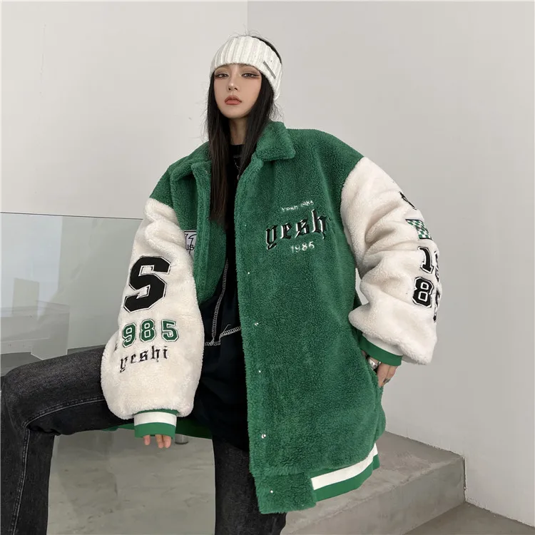 YOZOU 2022 Women Winter Varsity Jacket Padded Coats Bomber Korean Oversize Green Black Teddy Faux Lambswool Button Up Embroidery black puffer Coats & Jackets