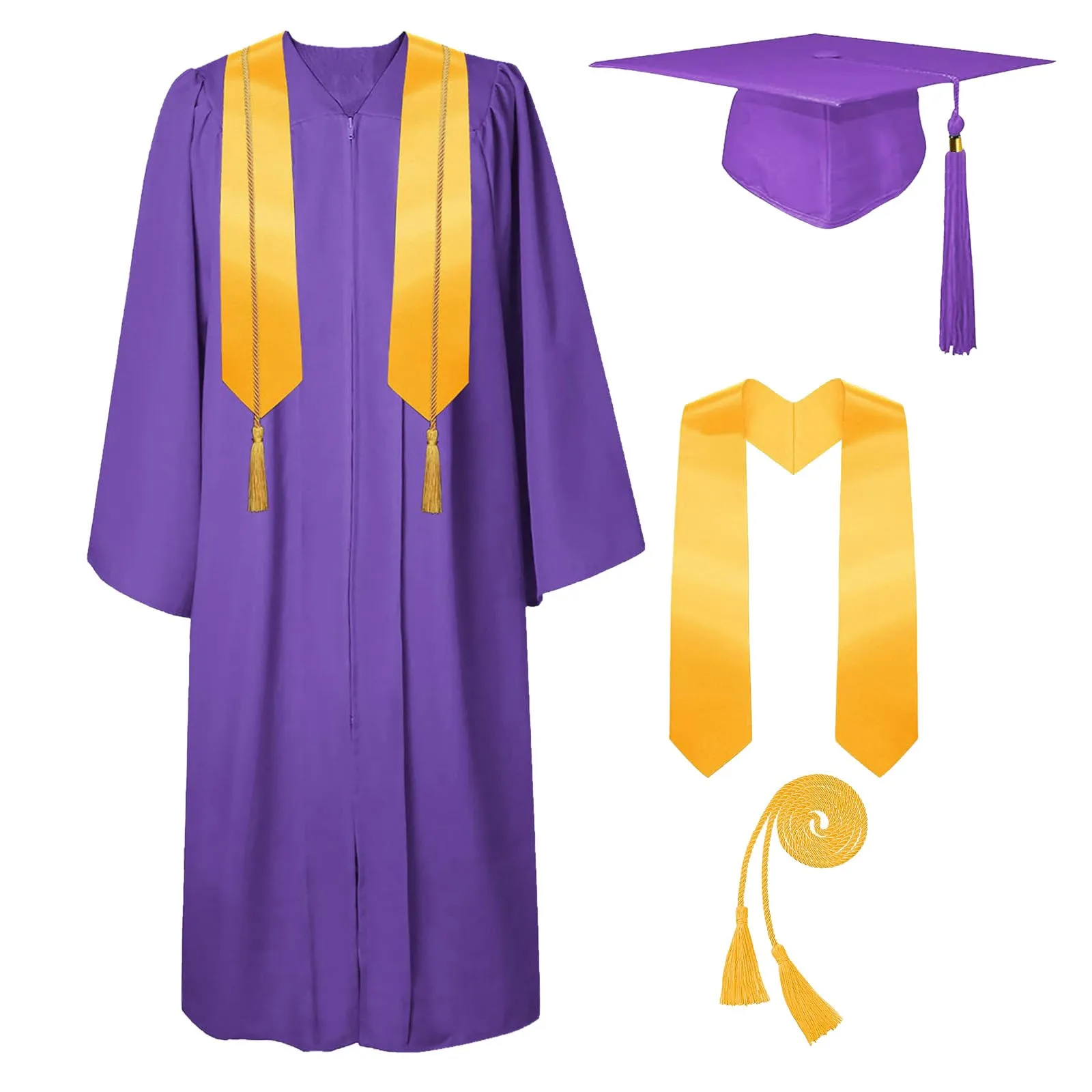 Graduation gown set 4pcs for bachelor unisex college caps with tassel and stole