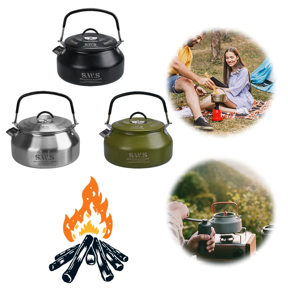 1L Outdoor Camping Kettle with Handle 304 Stainless Steel Water Kettle Lightweight Coffee Pot Tourist Cookware Supplies