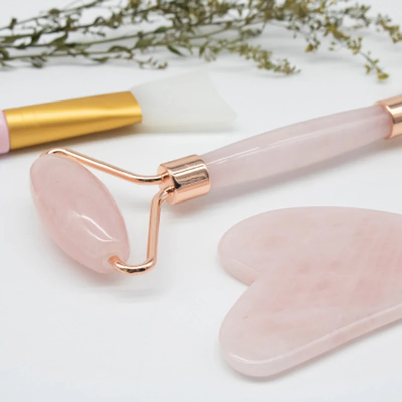 Rouleau de massage Facial en Quartz Rose, brosse pour masque Gua Sha, 3 pièces/ensemble