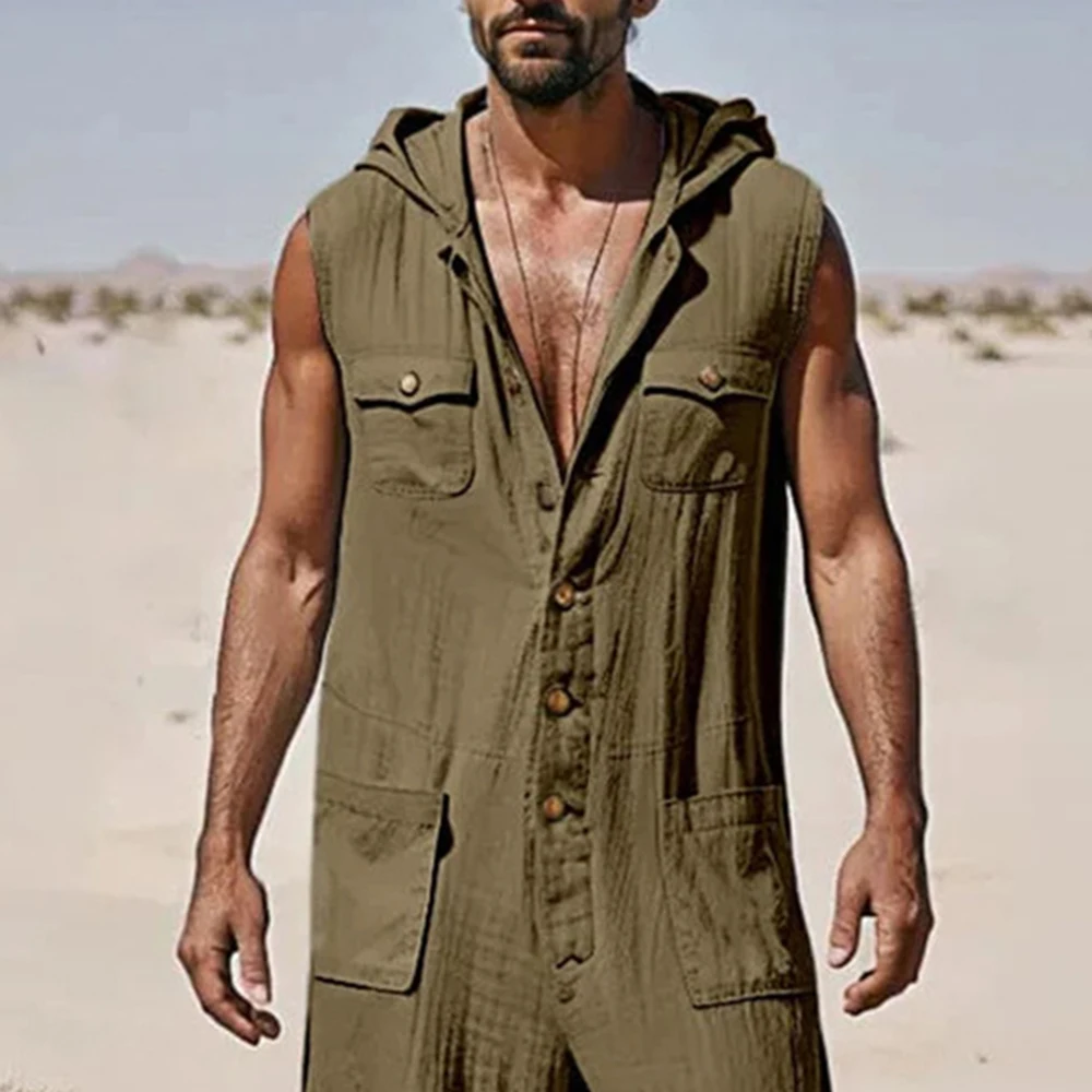Men's Hooded Jumpsuits Autumn Casual Onesie Cotton Blend Hoodies Romper Solid Streetwear Male Sleeveless Multi-pocket Overalls 6
