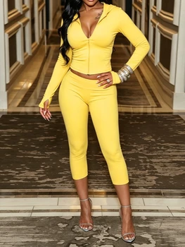 Foamlina Casual Tracksuit Women 2 Piece Set Solid Hooded Long Sleeve Zip Up Crop Jacket+Capri Leggings Stretch Street Sports Set