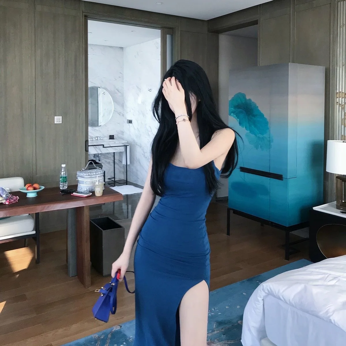 

Spaghetti Strap Dresses for Women Summer Sexy Sleeveless Split Sheath Dress Solid Color Bodycon Dress SS040