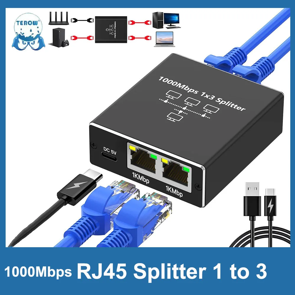 TEROW 기가비트 이더넷 어댑터, 인터넷 네트워크 케이블 확장기, PC 노트북 TV 박스용, 1000Mbps LAN 커넥터, 1-3 Rj45 분배기