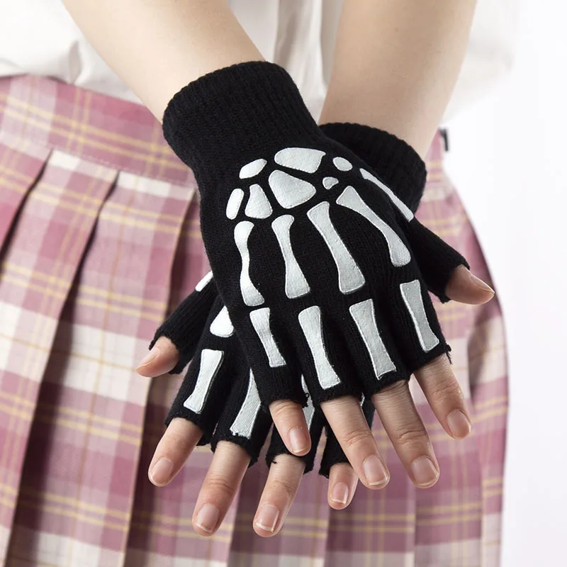 1Pair Black Unisex Half Finger Fingerless Gloves for Women Men Wool Knit Wrist Cotton Gothic Gloves Winter Warm Workout Gloves