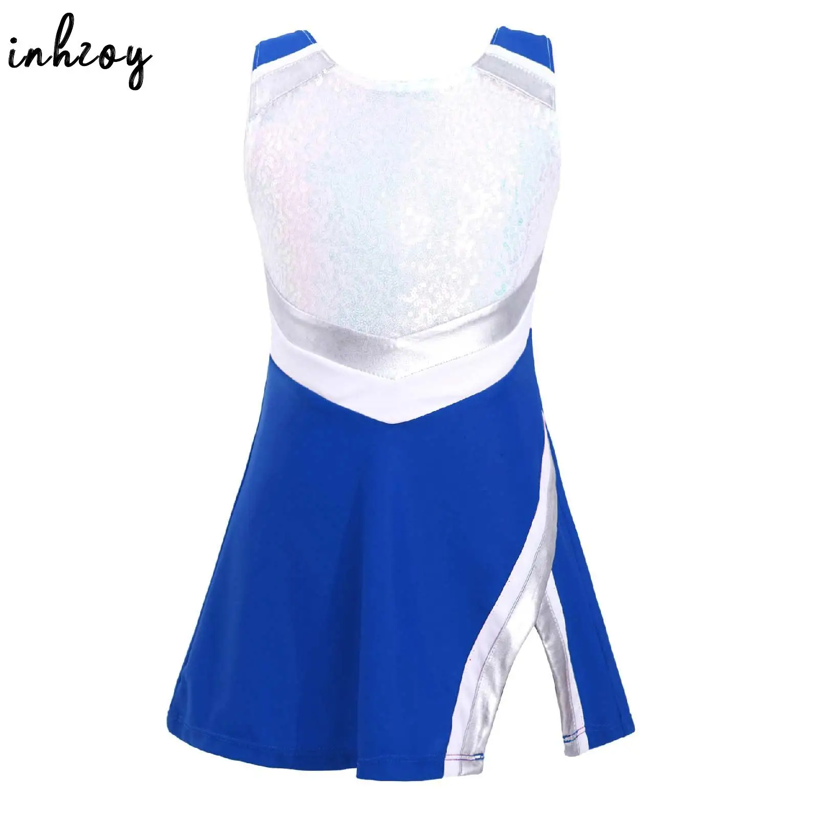 

Kids Girls Cheerleading Outfits with Shorts Cheerleader Uniform Sleeveless Sequins Sports Dress Carnival Party Halloween Costume