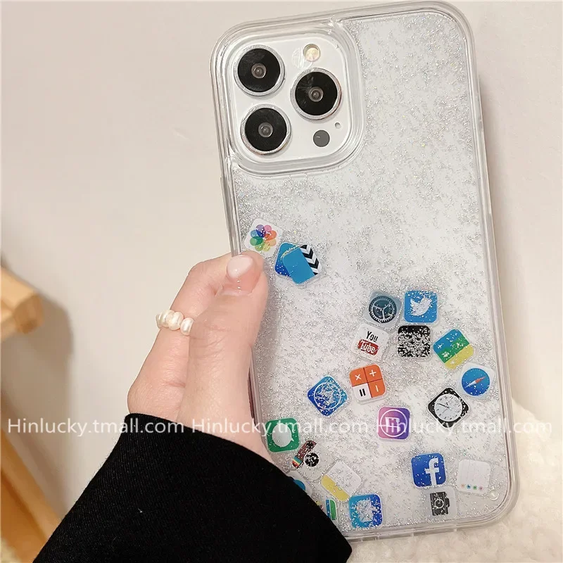Per Iphone 13/14 15 Pro Max Icon App Custodie Per Telefoni Quicksand Creative Floating Sliding Cover 12 13 14 Fundas Glitter Powder Coque