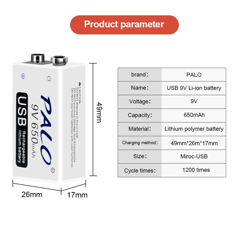 Rechargeable 9V Battery 650mAh Micro USB 9 Volt 6F22 Lithium Crown 9v Batteries for Multimeter KTV Microphone Metal Detector