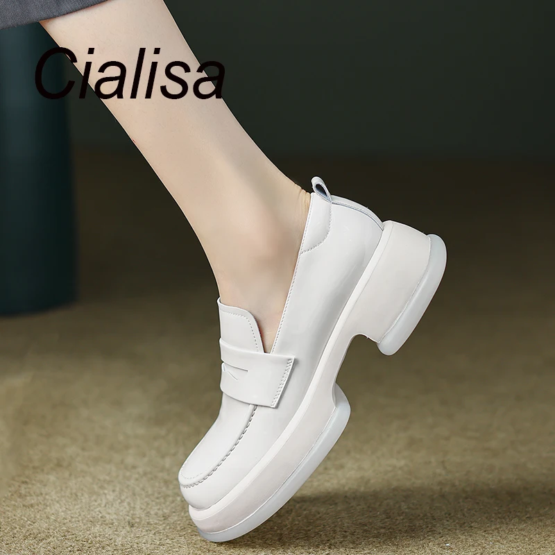 

Cialisa New Arrival 2023 Spring Women Shoes Platform Round Toe Casual Black Beige Genuine Leather Loafers Thick Heels Footwear